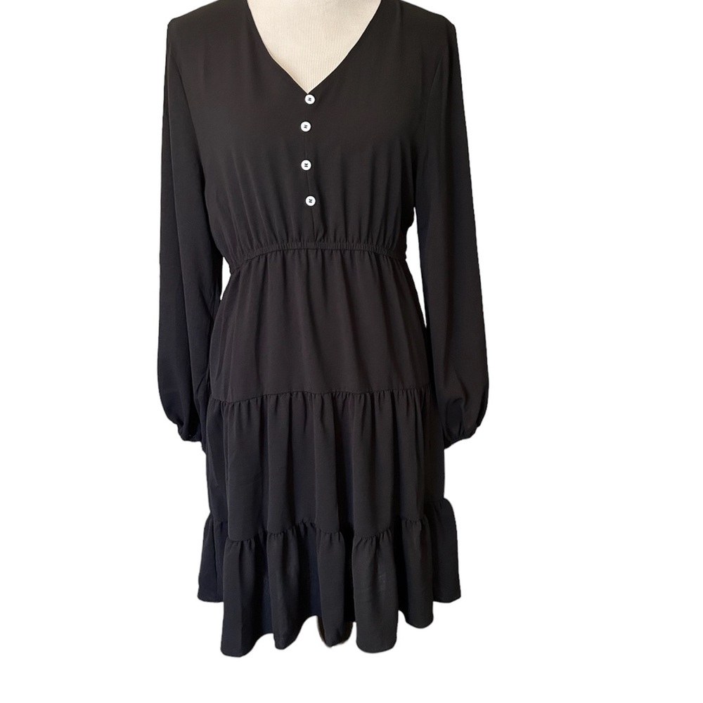 Fashion Collection Black V-Neck Elastic Waist Dress Size M